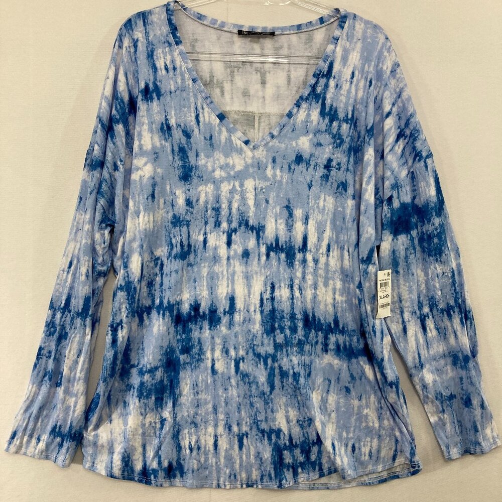 New International Concepts Top size XL Blue Tie Dye Artsy V neck Stretch Knit
